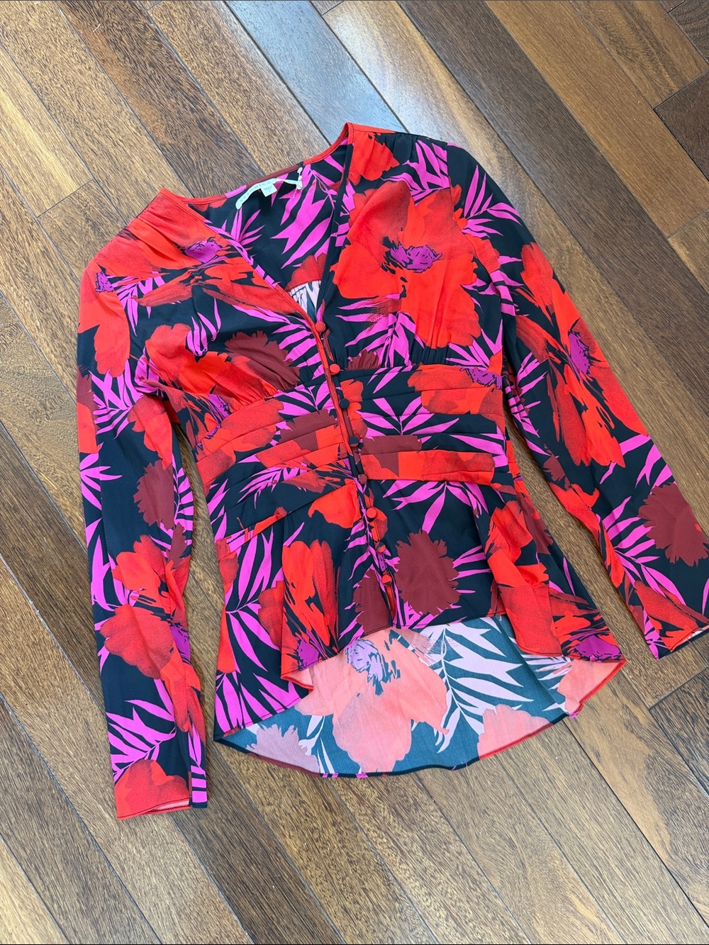Veronica Beard Red, Pink & Black Floral Button-Front Top